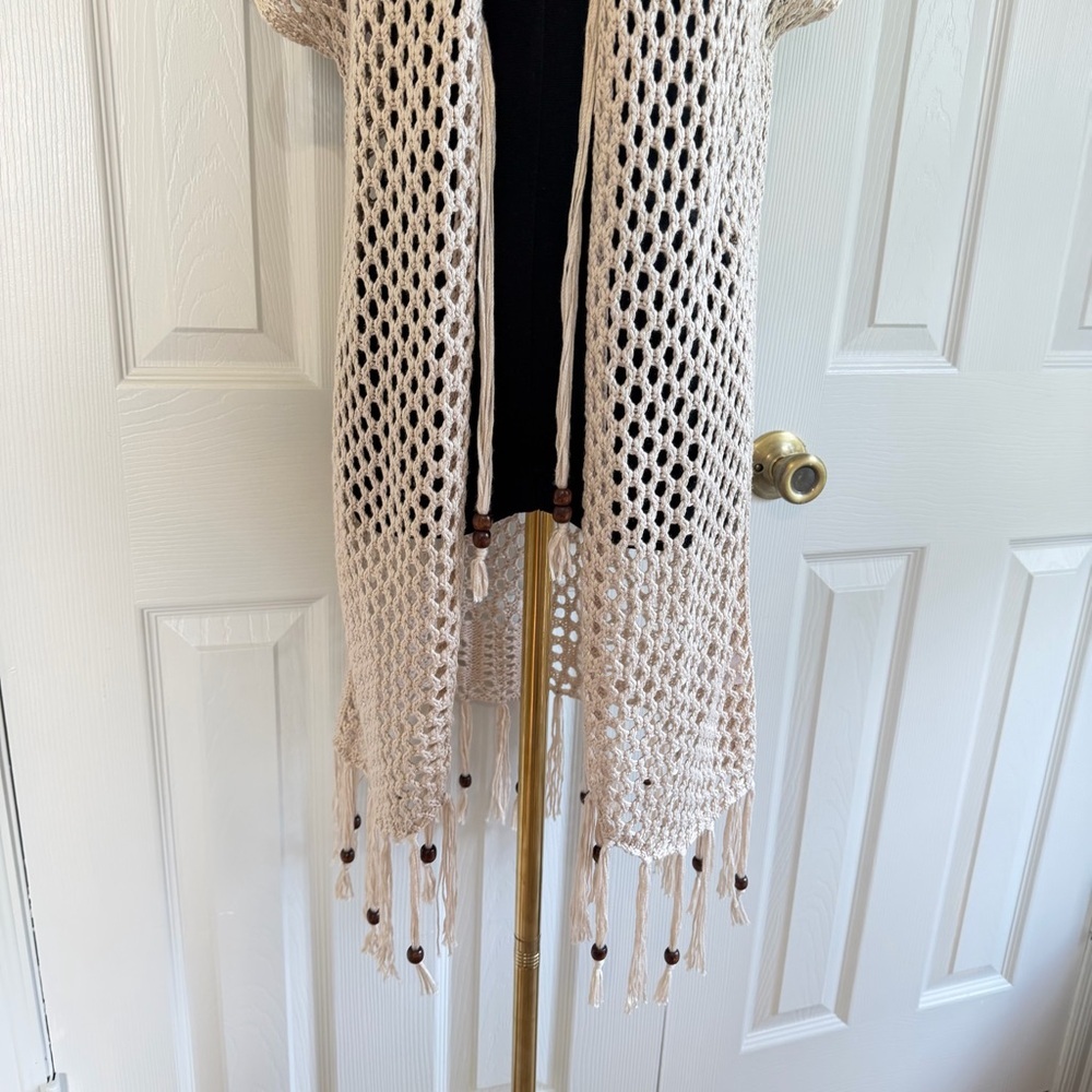 Artesia Cream Crochet Fringe small boho knit beach coverup cardigan festival - Picture 5 of 9